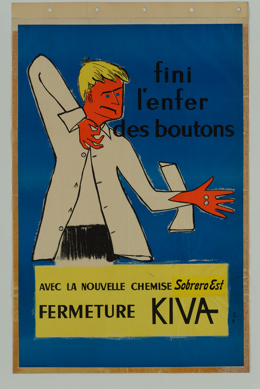 uomo irritato dalla perdita di due bottoni della camicia (manifesto) - ambito francese (sec. XX)