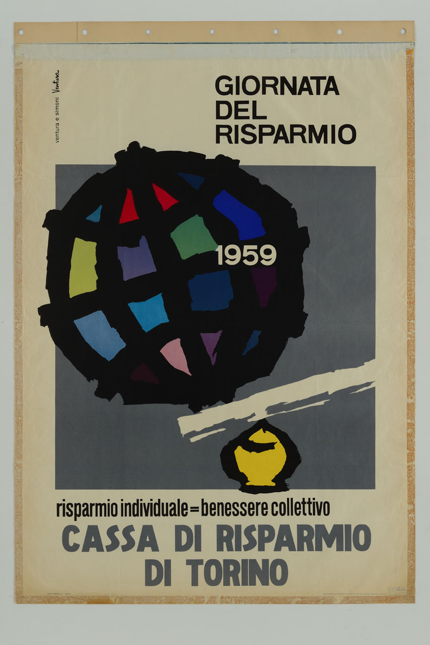 globo terrestre multicolore e salvadanaio (manifesto) di Ventura, Ventura e Simoni - ambito italiano (sec. XX)
