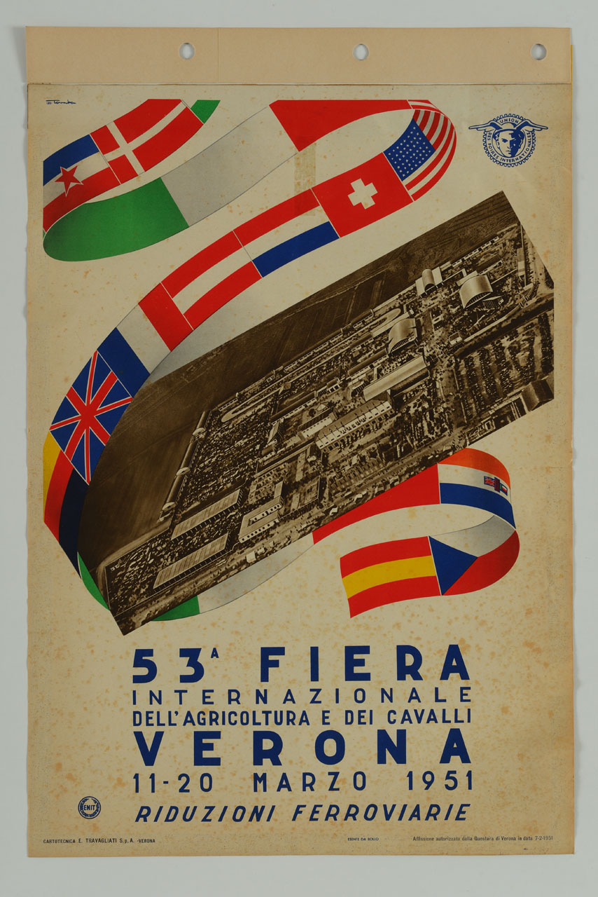 veduta di Verona circondata da un nastro composto da bandiere (locandina) di Tomba Ernesto Amos (sec. XX)