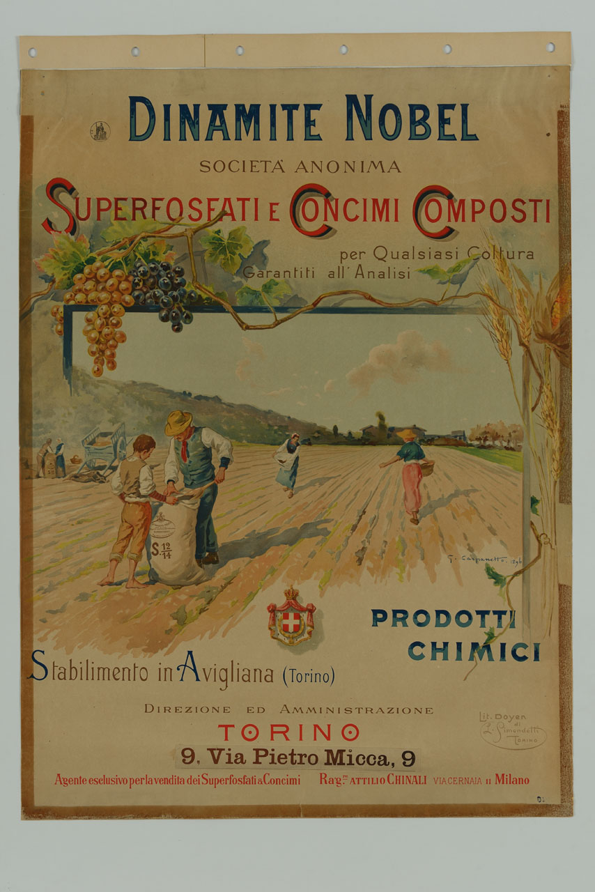 contadini spargono prodotti chimici nei campi (manifesto) di Carpanetto Giovanni Battista (sec. XIX)