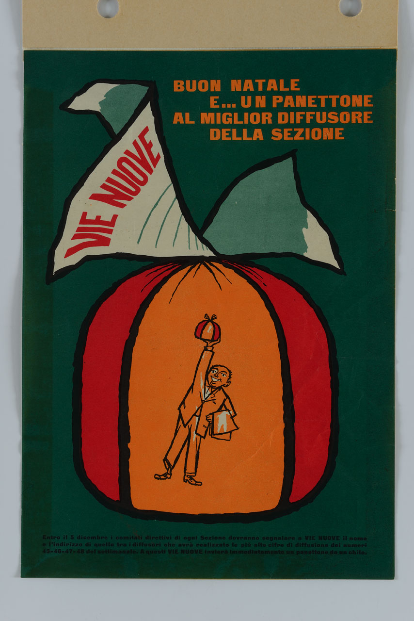 panettone confezionato in un incarto che mostra un uomo sollevare orgoglioso il proprio panettone premio (locandina) - ambito italiano (metà sec. XX)