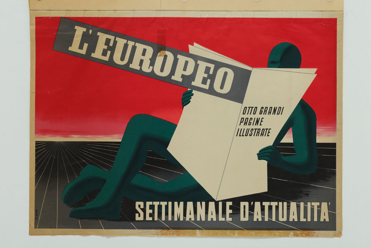 uomo sdraiato legge un settimanale (locandina) di Castagnedi Ricas Riccardo (metà sec. XX)