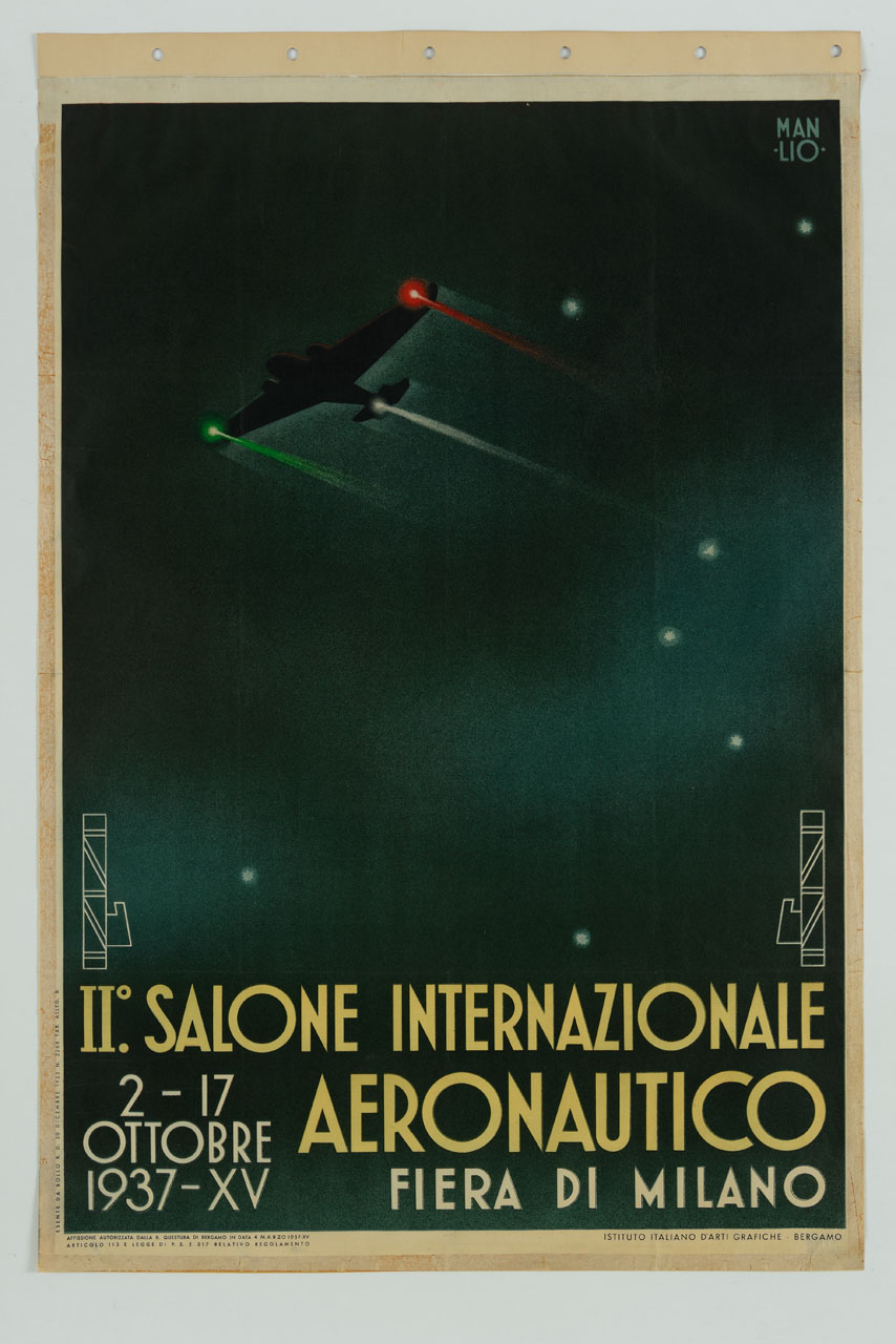 aeroplano in volo notturno con luci tricolori (manifesto) di Parrini Manlio (sec. XX)