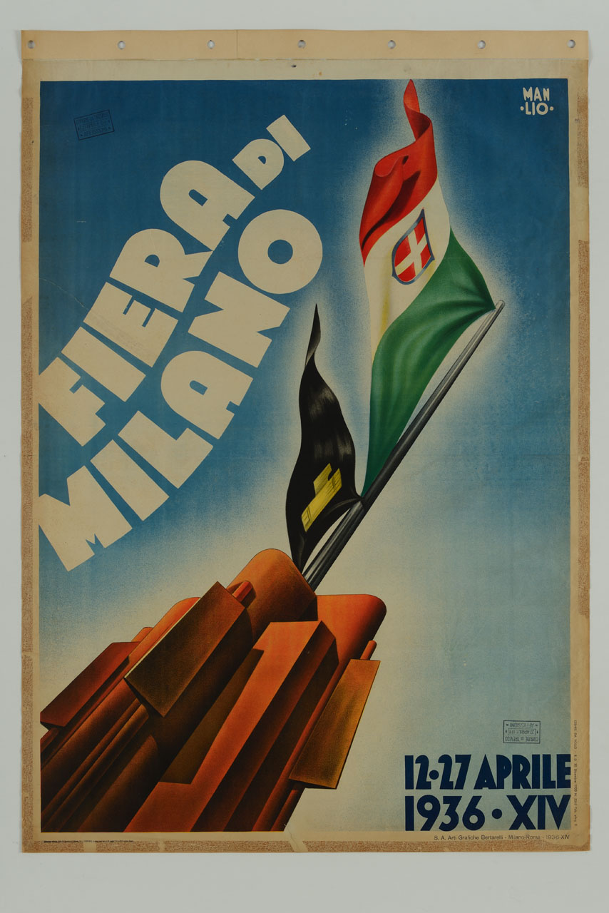 insieme di fasci littori dai quali si innalza un pennone con gagliardetto fascista e bandiera italiana (manifesto) di Parrini Manlio (sec. XX)