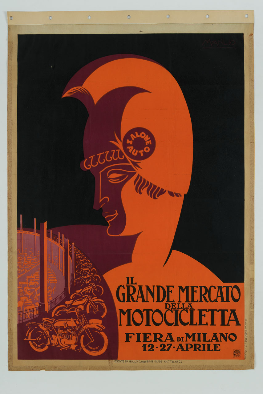 volto maschile con elmo ed esposizione di motociclette e automobili (manifesto) di Parrini Manlio (sec. XX)