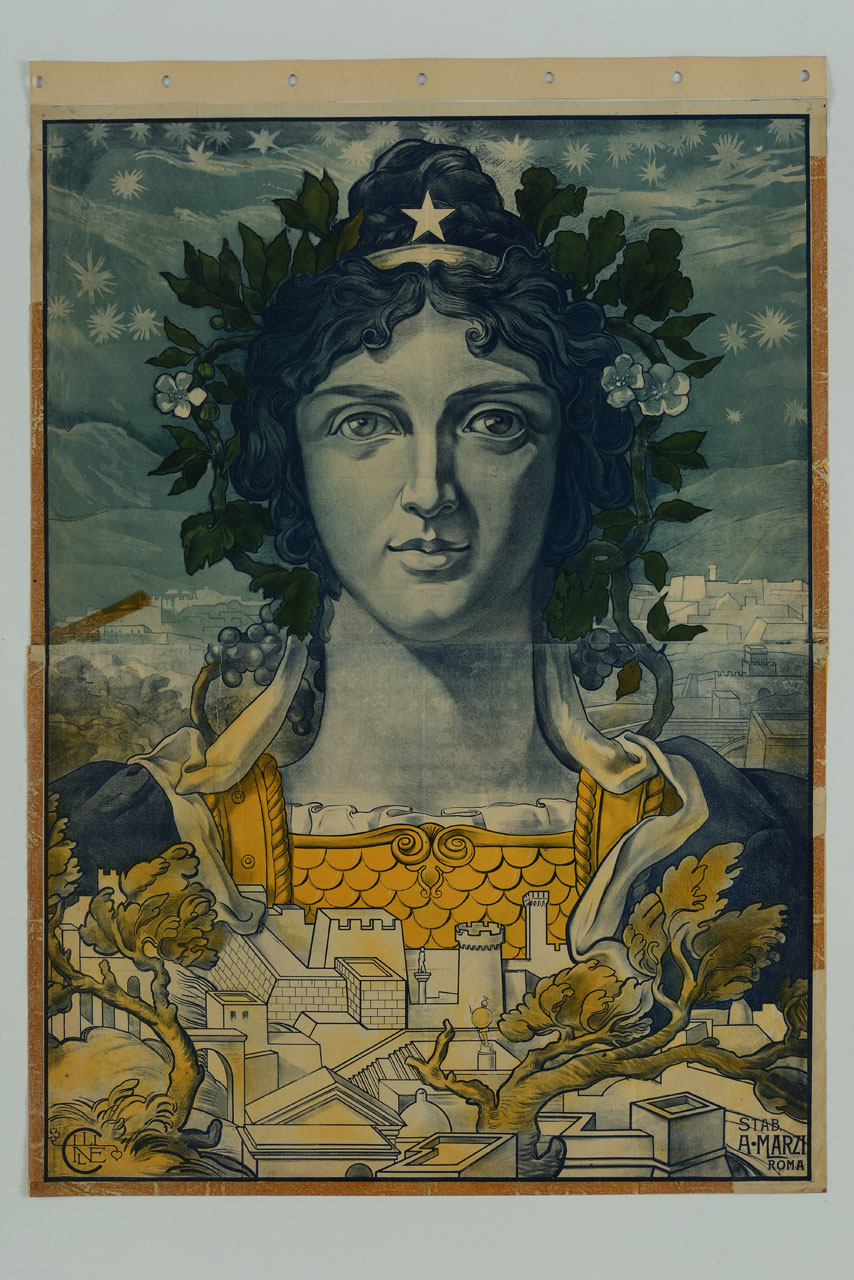 personificazione dell'Italia con corona vegetale e stella sopra il capo e veduta di città (manifesto, stampa composita) di Cilinel - ambito italiano (sec. XX)