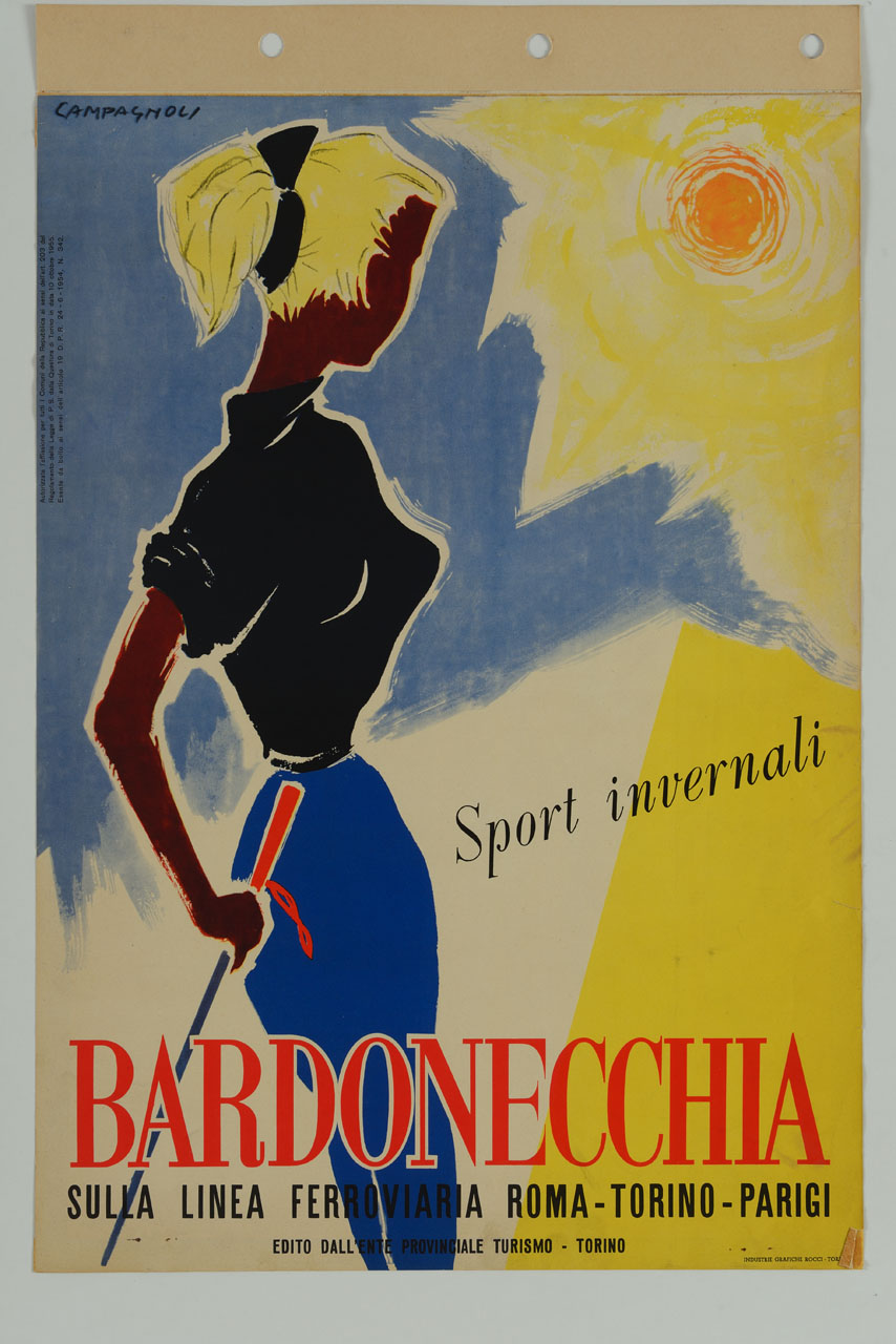 donna con racchette da sci osserva il sole splendente (manifesto) di Campagnoli Adalberto (sec. XX)