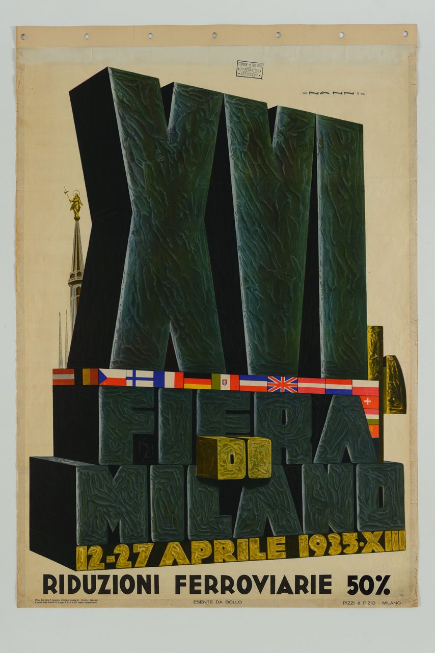 scritta monumentale percorsa da bandiere e guglia maggiore del duomo di Milano con la Madonnina (manifesto) di Nanni Nino (sec. XX)
