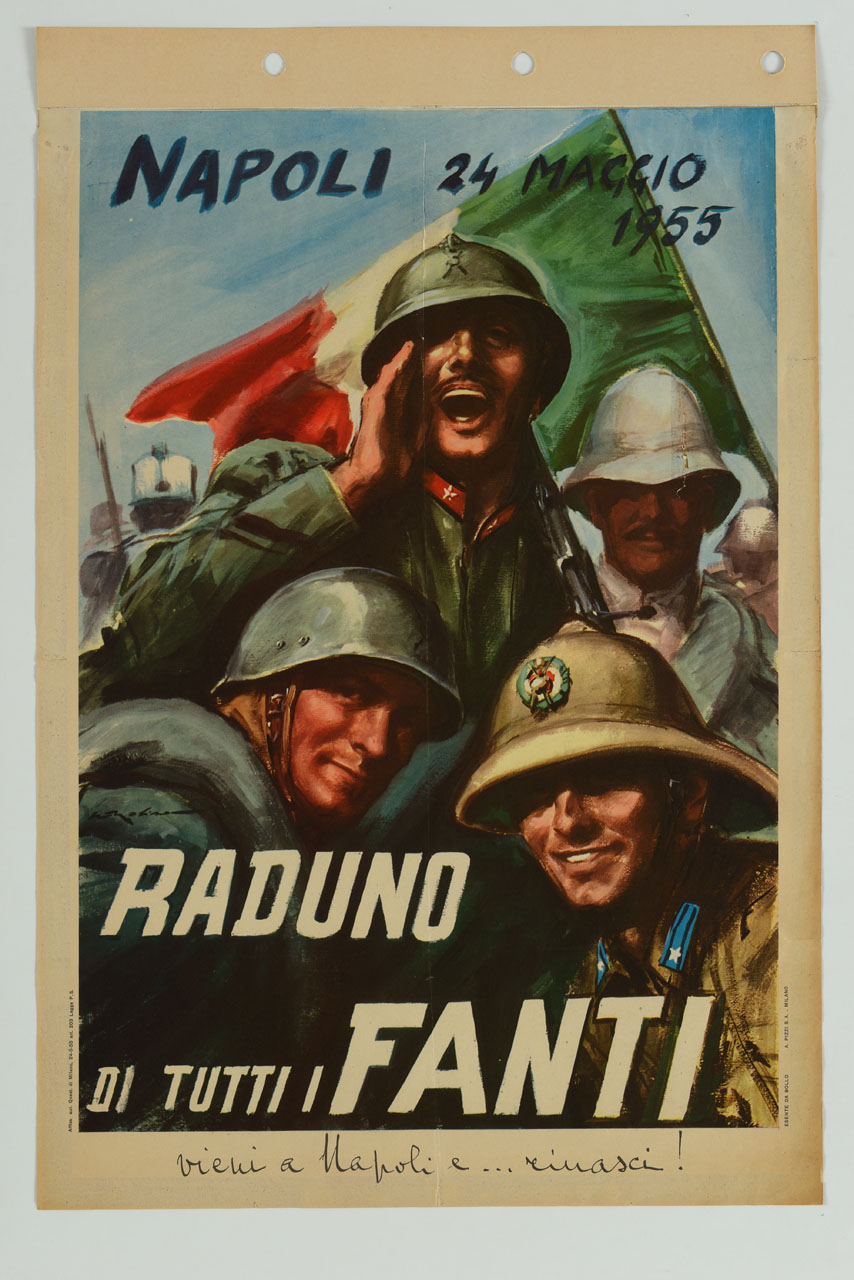 gruppo di soldati di diverse forze armate sullo sfondo della bandiera tricolore italiana (manifesto) di Molino Walter detto J.W. Symes (sec. XX)