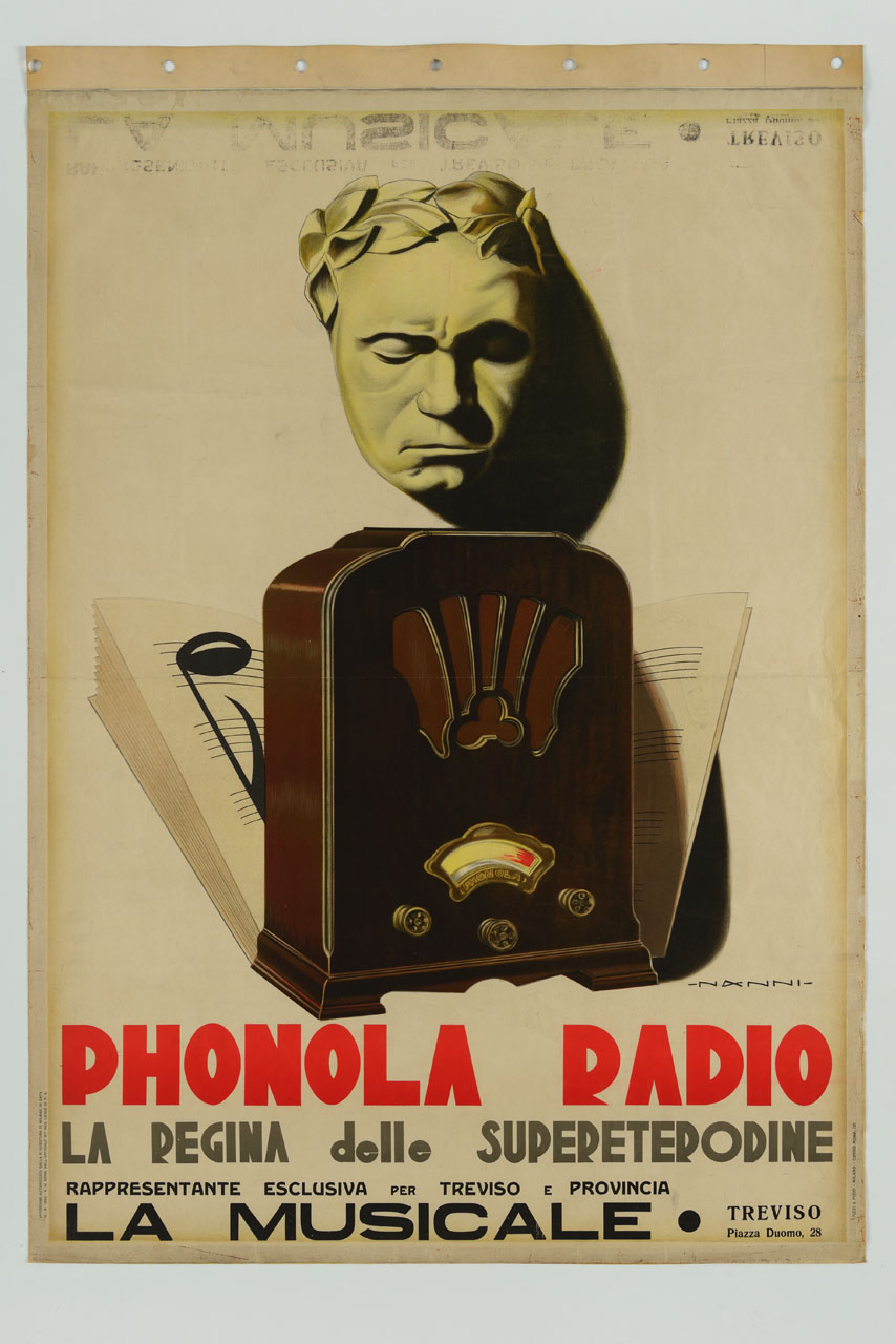 apparecchio radio con volto d'uomo coronato di alloro e spartito musicale (manifesto) di Nanni Nino (sec. XX)