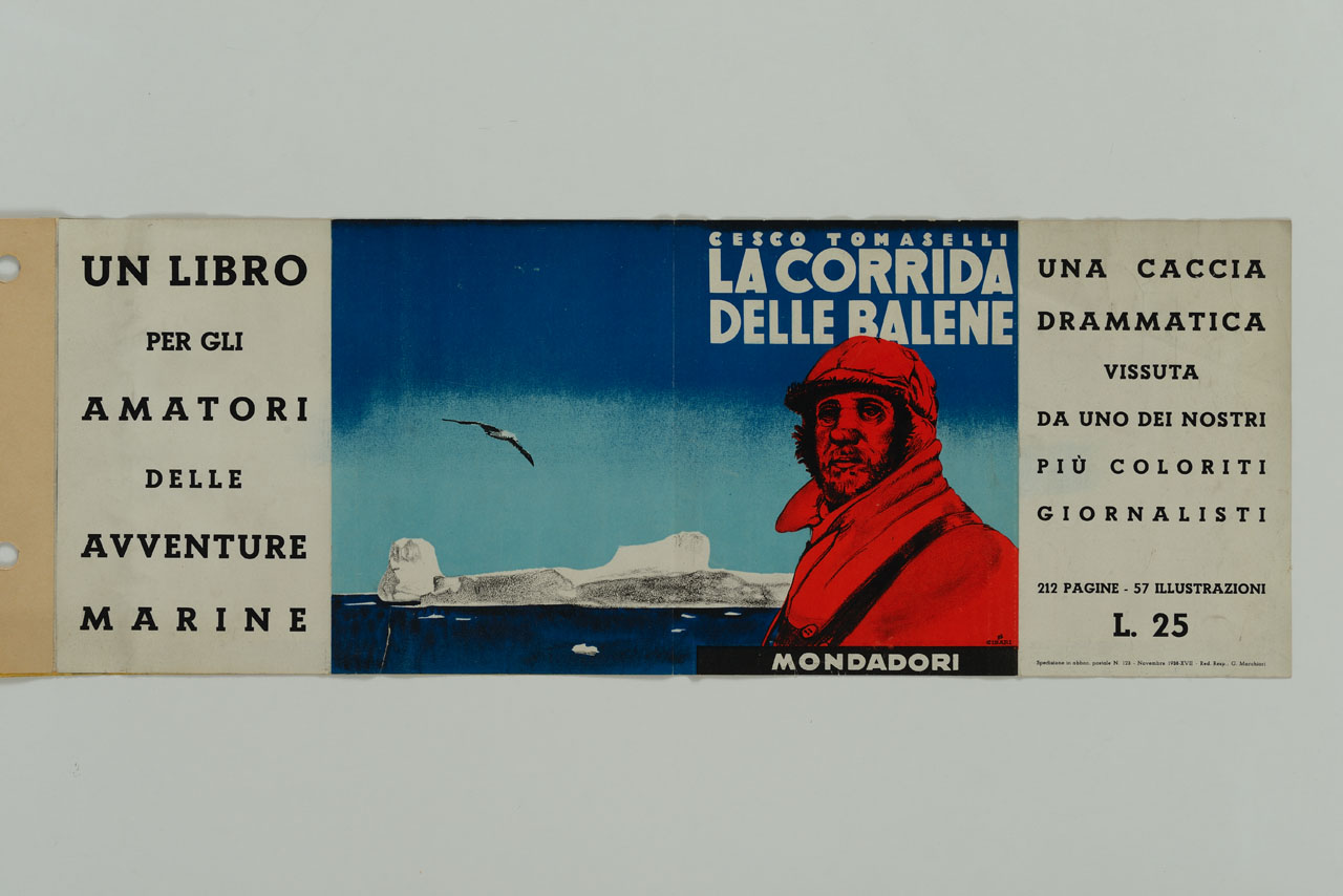 uomo con cappello si staglia sullo sfondo di un fiordo ghiacciato sorvolato da un gabbiano (manifesto) di Cisari Giulio (sec. XX)