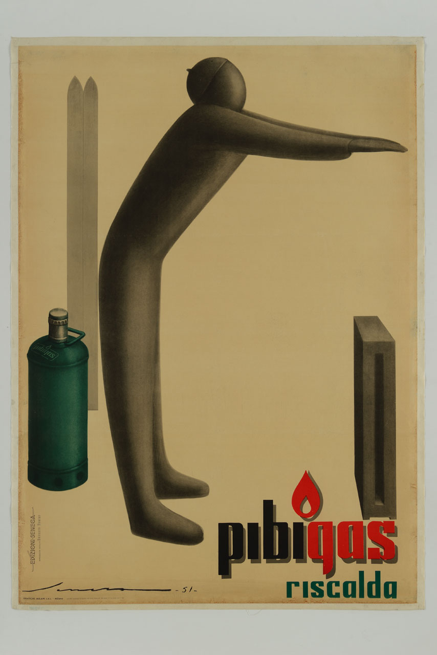 figura maschile stilizzata con sci e bombola di gas tende le mani verso il calore di un termosifone (manifesto) di Seneca Federico (sec. XX)