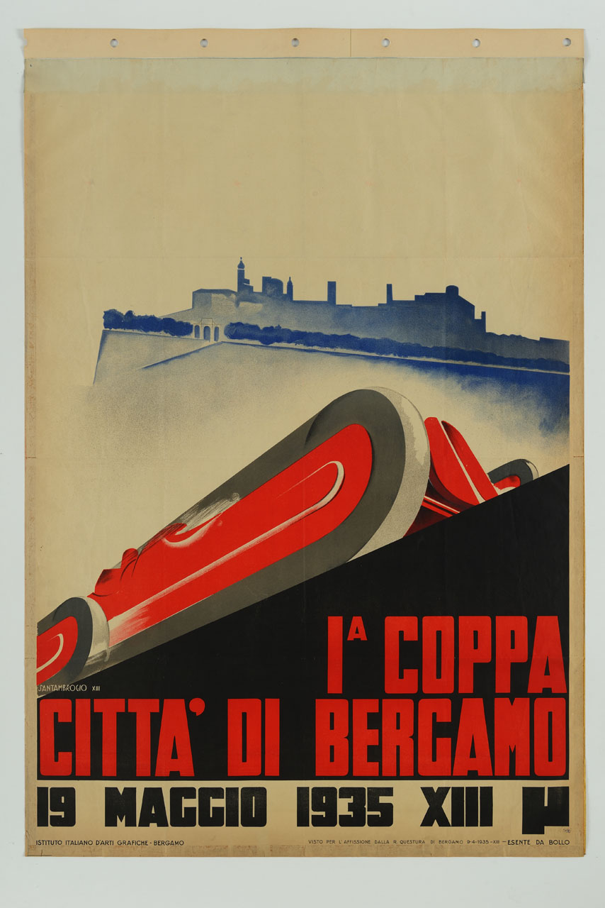 automobile da corsa sullo sfondo della veduta di Bergamo (manifesto) di Santambrogio Diego (sec. XX)