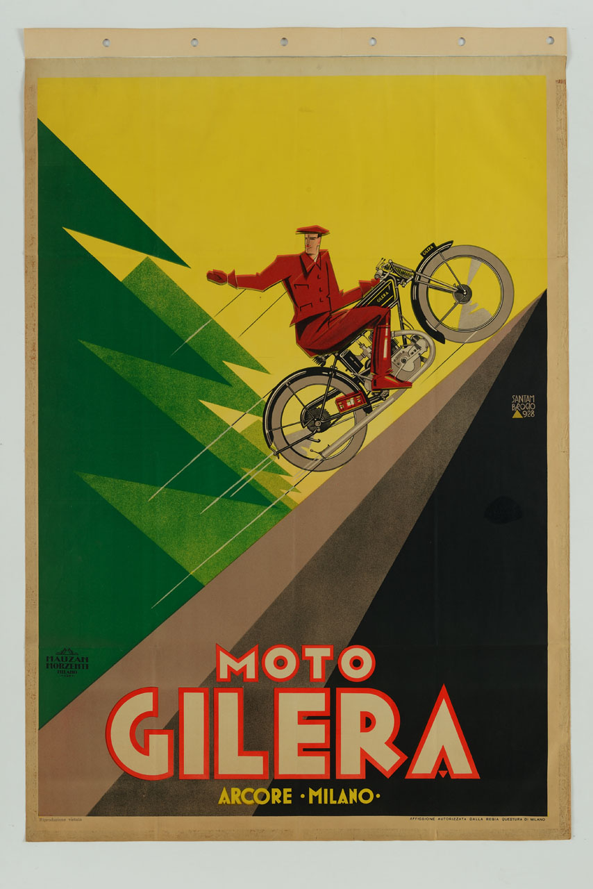 motociclista in sella a una motocicletta percorre una strada in salita (manifesto) di Santambrogio Diego (sec. XX)