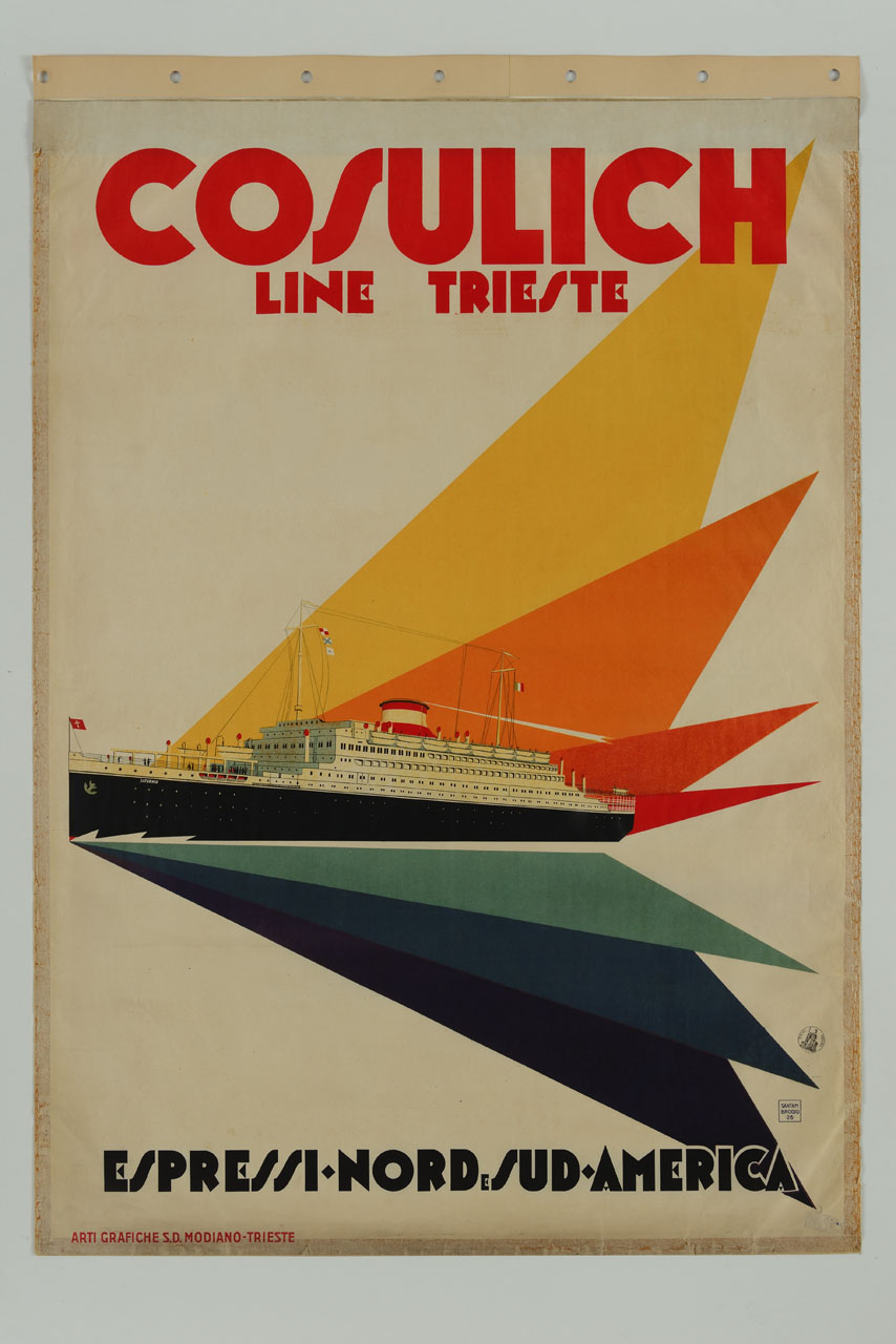 transatlantico circondato da triangoli colorati (manifesto) di Santambrogio Diego (sec. XX)