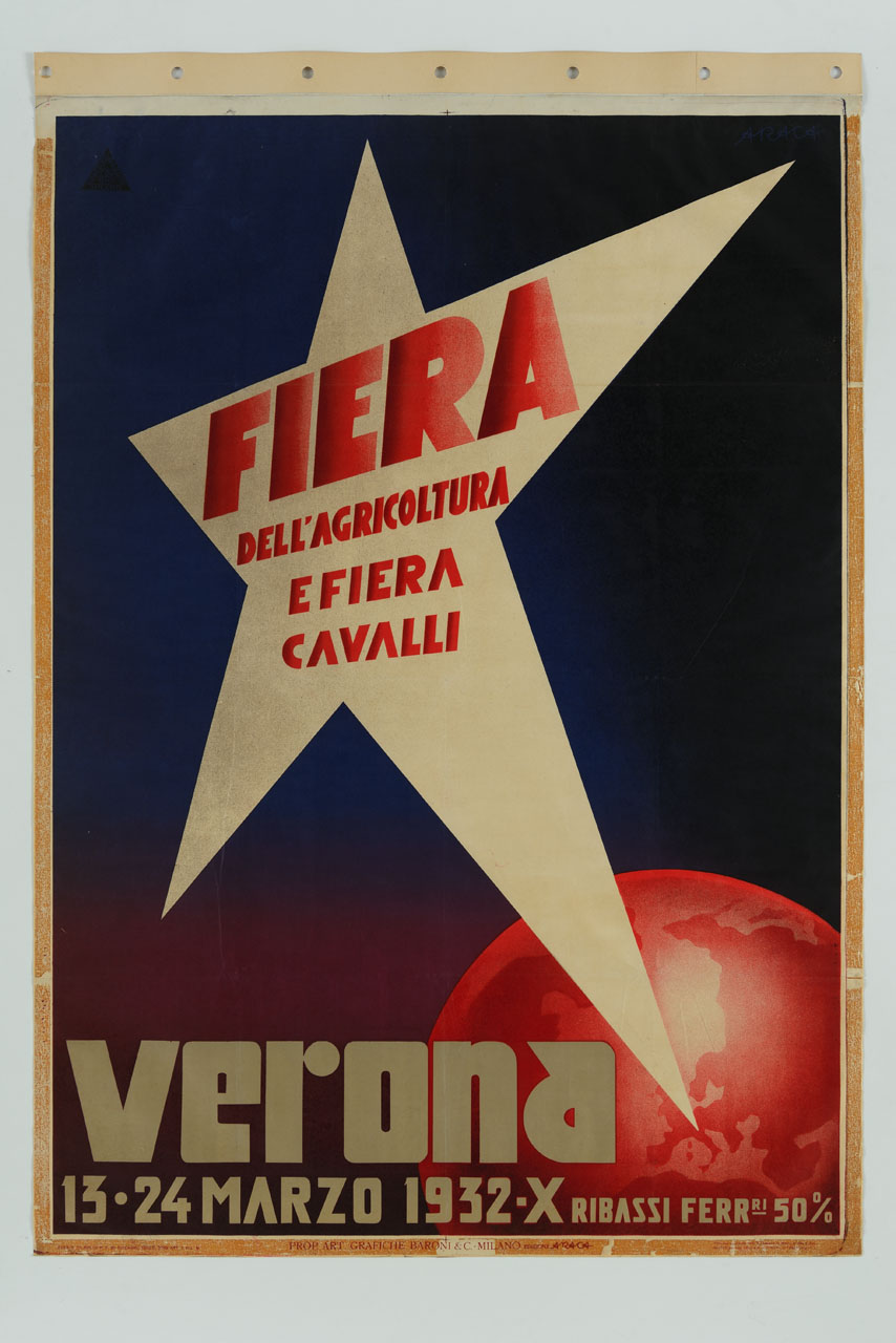 stella a cinque punte che si origina dal globo terrestre (manifesto) di Forlivesi Montanari Enzo detto Araca (sec. XX)