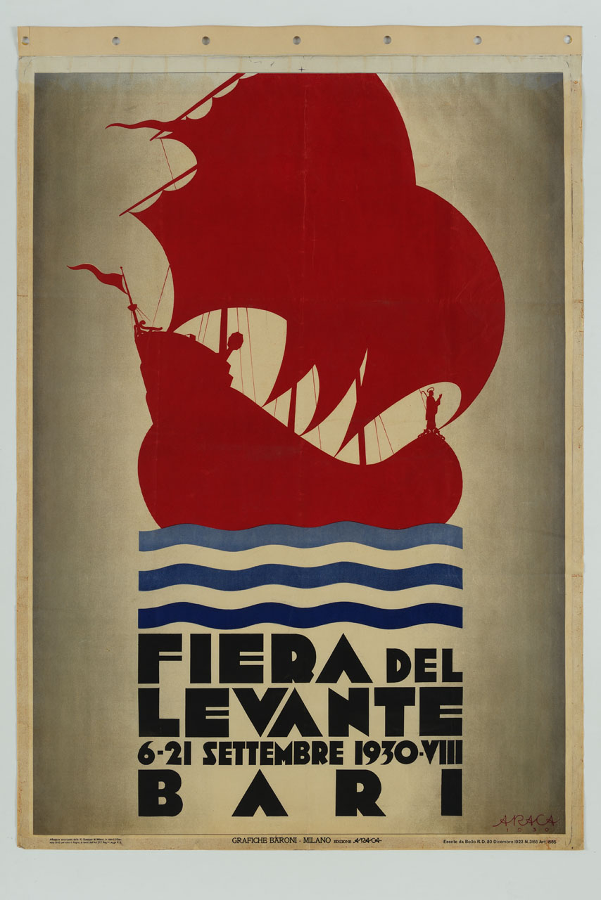veliero e onde stilizzate (manifesto) di Forlivesi Montanari Enzo detto Araca (sec. XX)