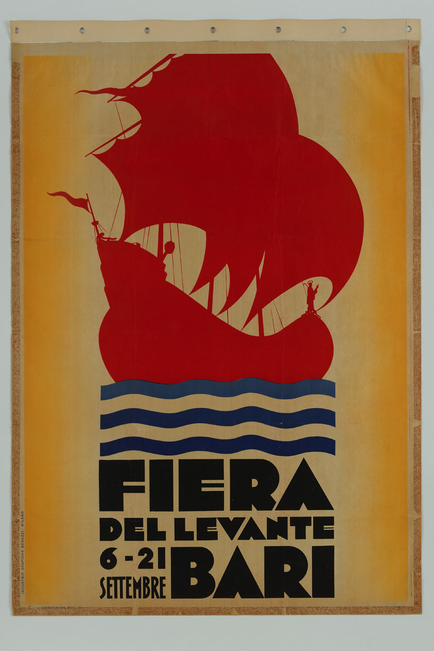 veliero e onde stilizzate (manifesto) di Forlivesi Montanari Enzo detto Araca (sec. XX)