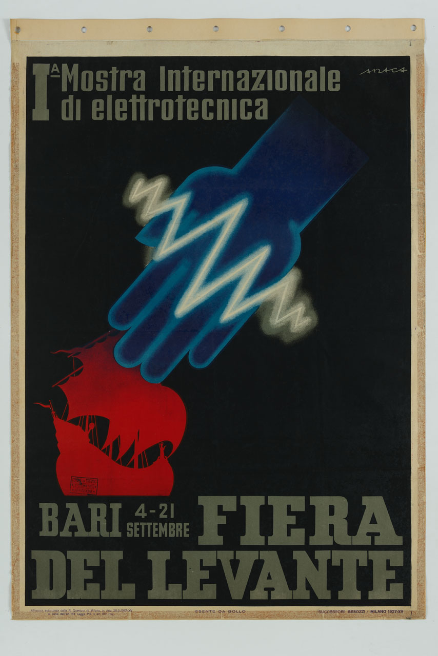 mano percorsa da scarica elettrica e veliero sullo sfondo (manifesto) di Forlivesi Montanari Enzo detto Araca (sec. XX)
