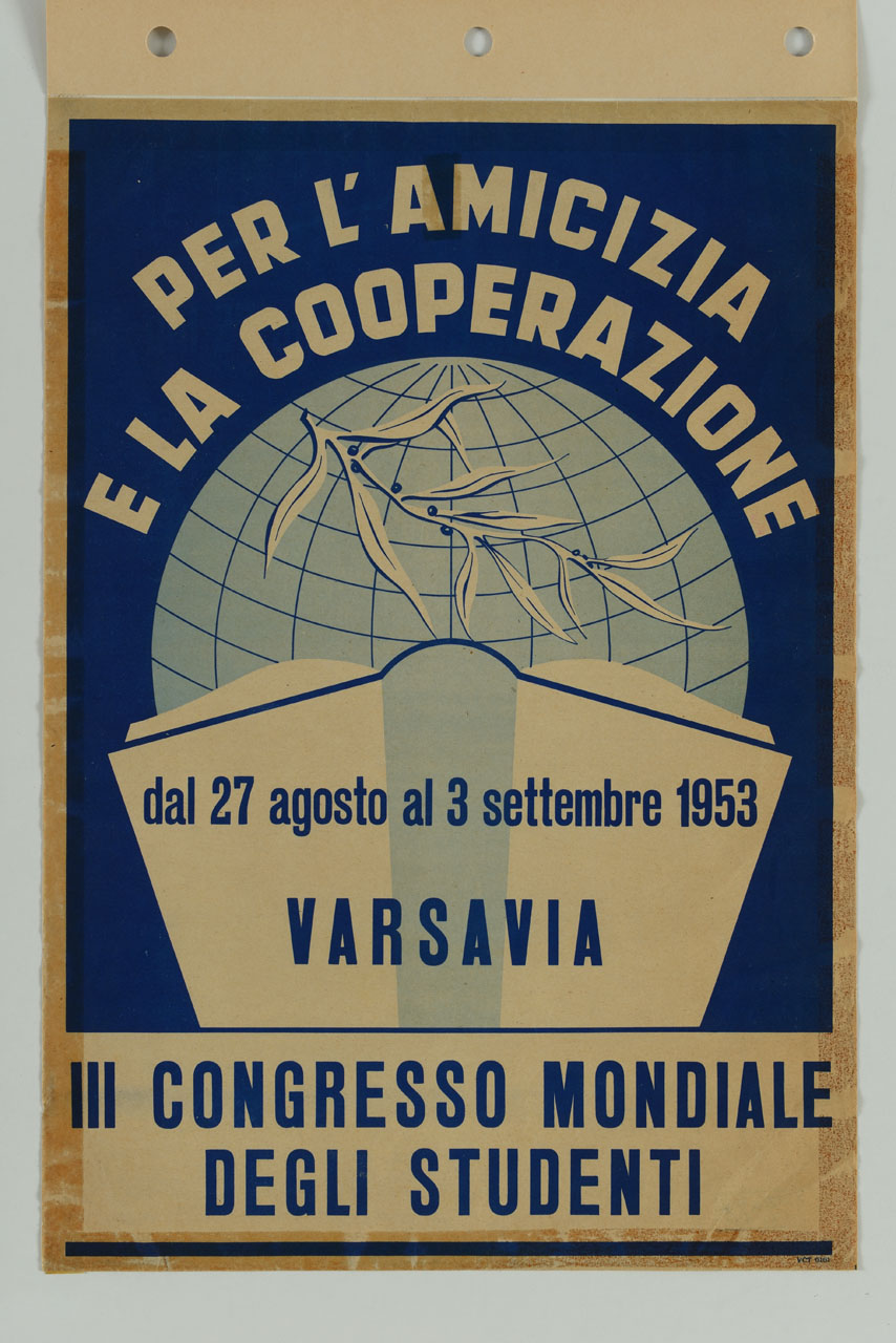 libro aperto e ramo d'ulivo con il planisfero sullo sfondo (locandina) - ambito polacco (sec. XX)
