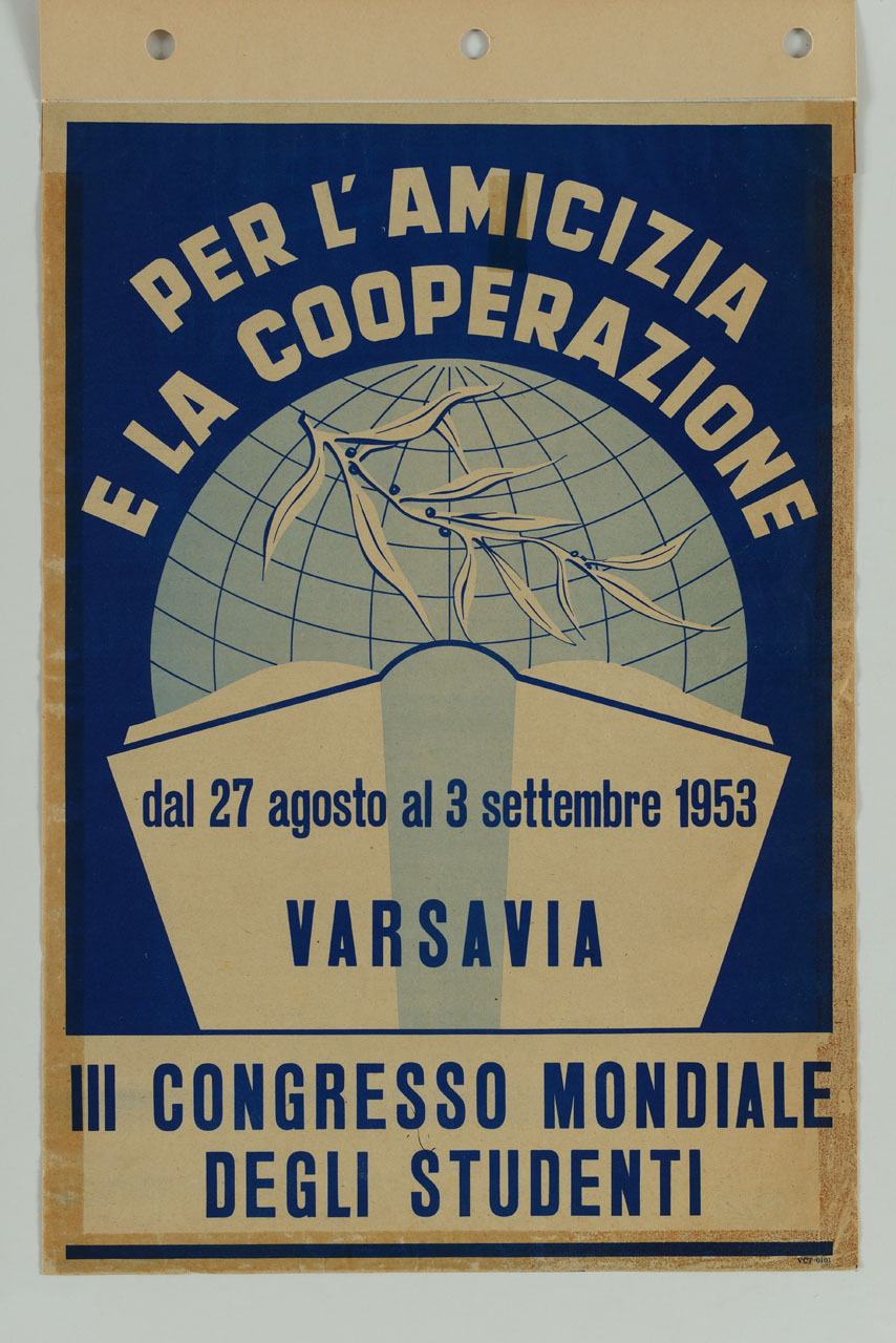 libro aperto e ramo d'ulivo con il planisfero sullo sfondo (locandina) - ambito polacco (sec. XX)
