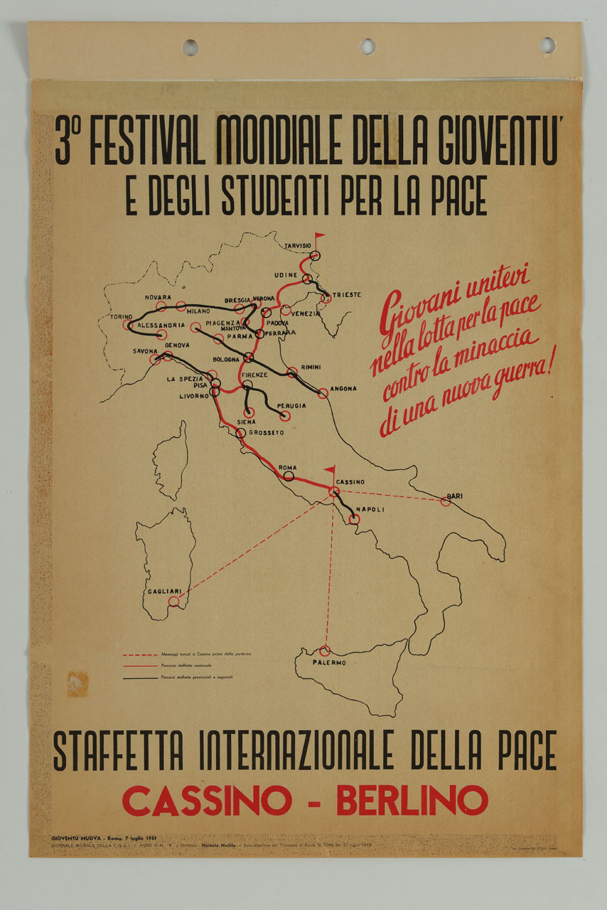 carta d'Italia con i percorsi della staffetta internazionale della pace evidenziati (locandina) - ambito romano (sec. XX)