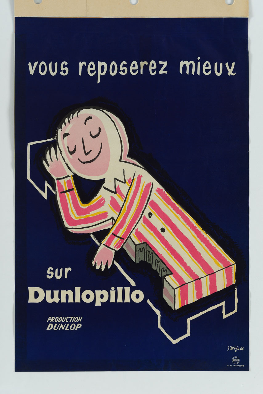 uomo dorme beato su un materasso Dunlop (locandina) di Savignac Raymond (metà sec. XIX)