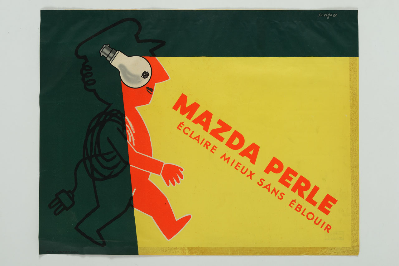 uomo cammina con un filo elettrico avvolto sulla spalla illuminando il cammino con una lampadina (manifesto) di Savignac Raymond (metà sec. XIX)