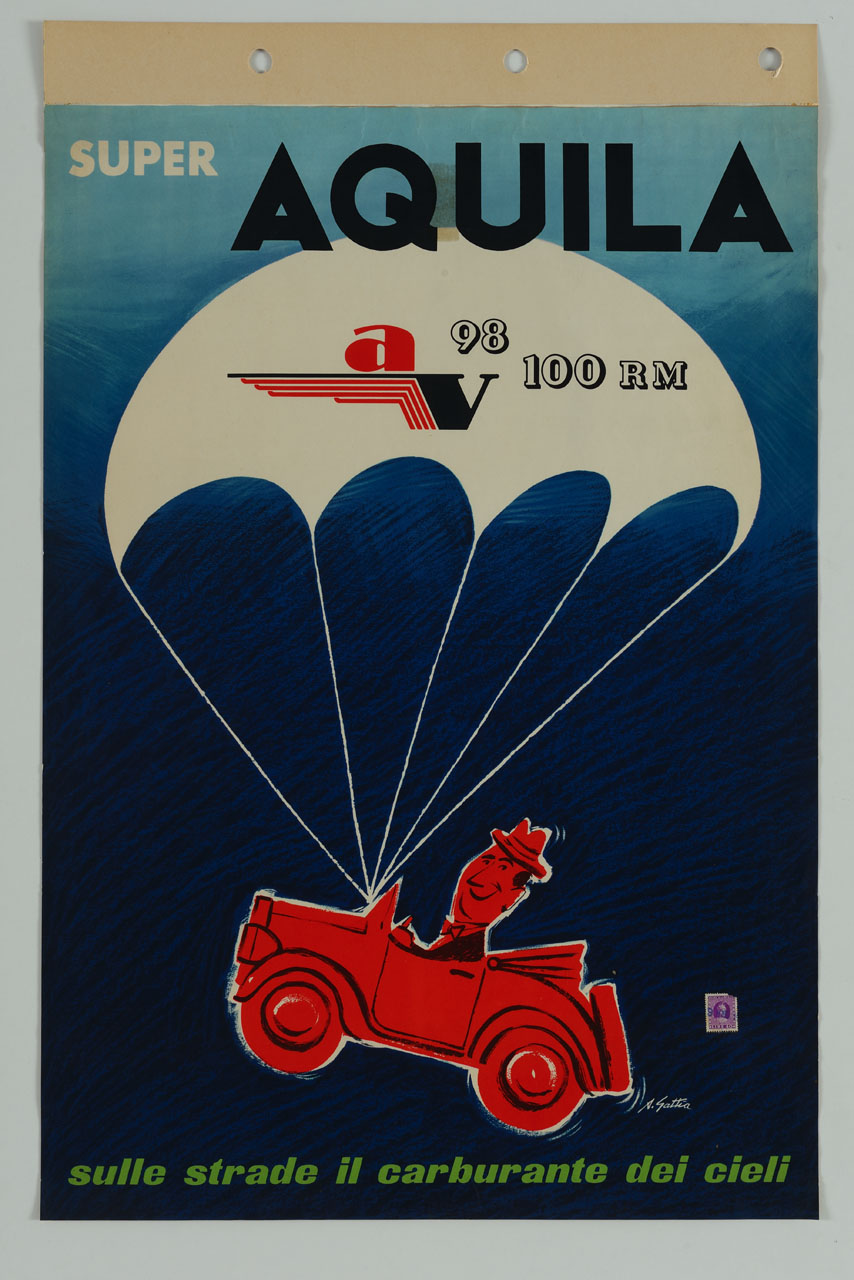 uomo guida una macchina sollevata da una mongolfiera (locandina) di Gattia Alarico (metà sec. XX)