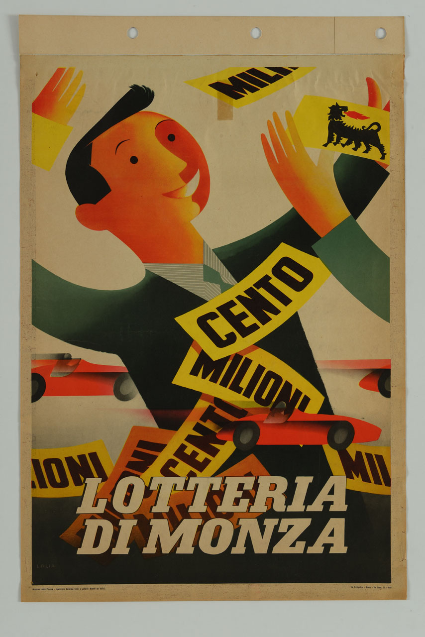 figura maschile sorride circondata da una pioggia di banconote all'autodromo di Monza (manifesto) di Lalia Alfredo (metà sec. XX)