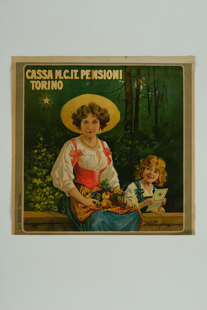 ragazza siede su un muretto con della frutta sul grembiule con una bambina accanto (manifesto) di Edel Leonida (prima metà sec. XX)