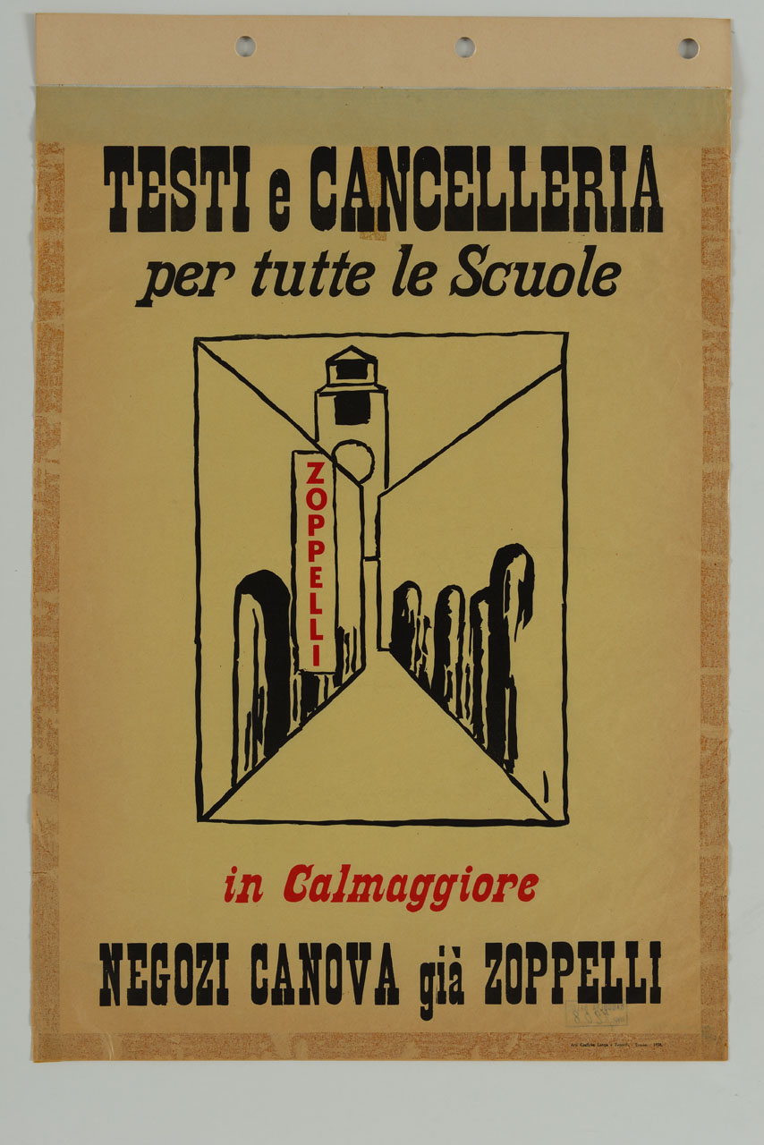 veduta stilizzata di Calmaggiore con campanile sullo sfondo (manifesto) - ambito veneto (prima metà sec. XX)