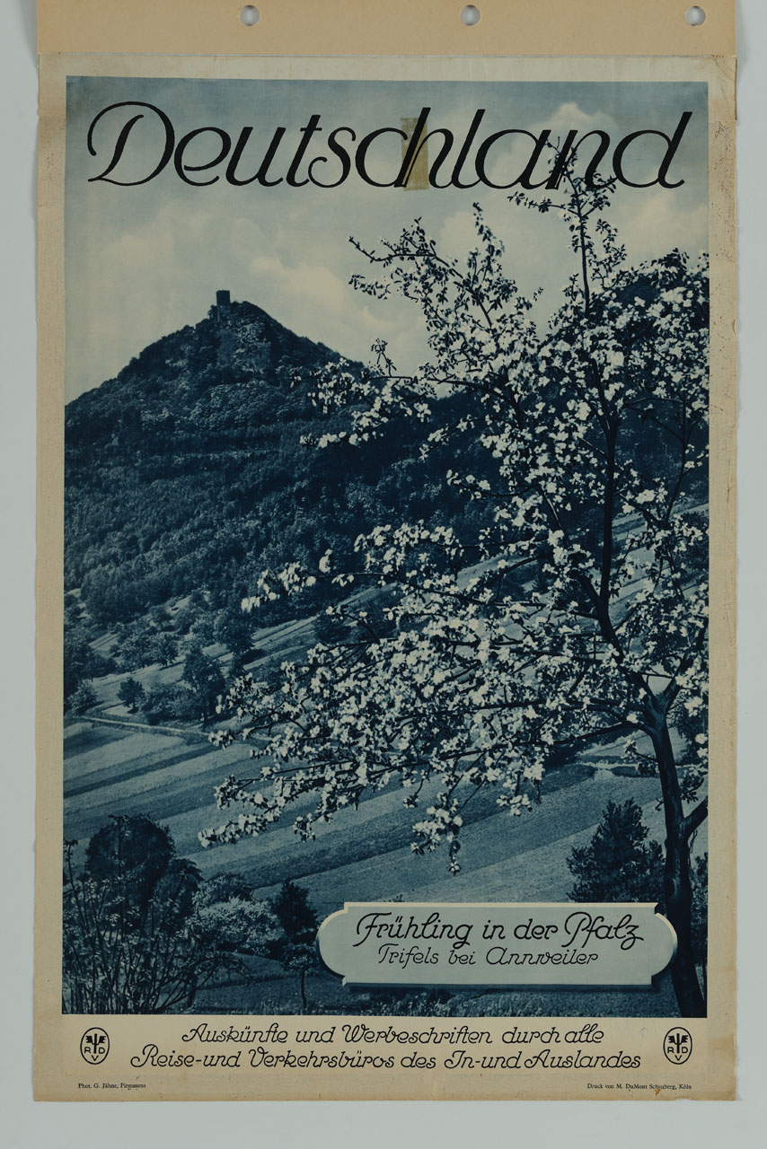 veduta di alberi in fiore sullo sfondo di una montagna (manifesto) - ambito tedesco (prima metà sec. XX)