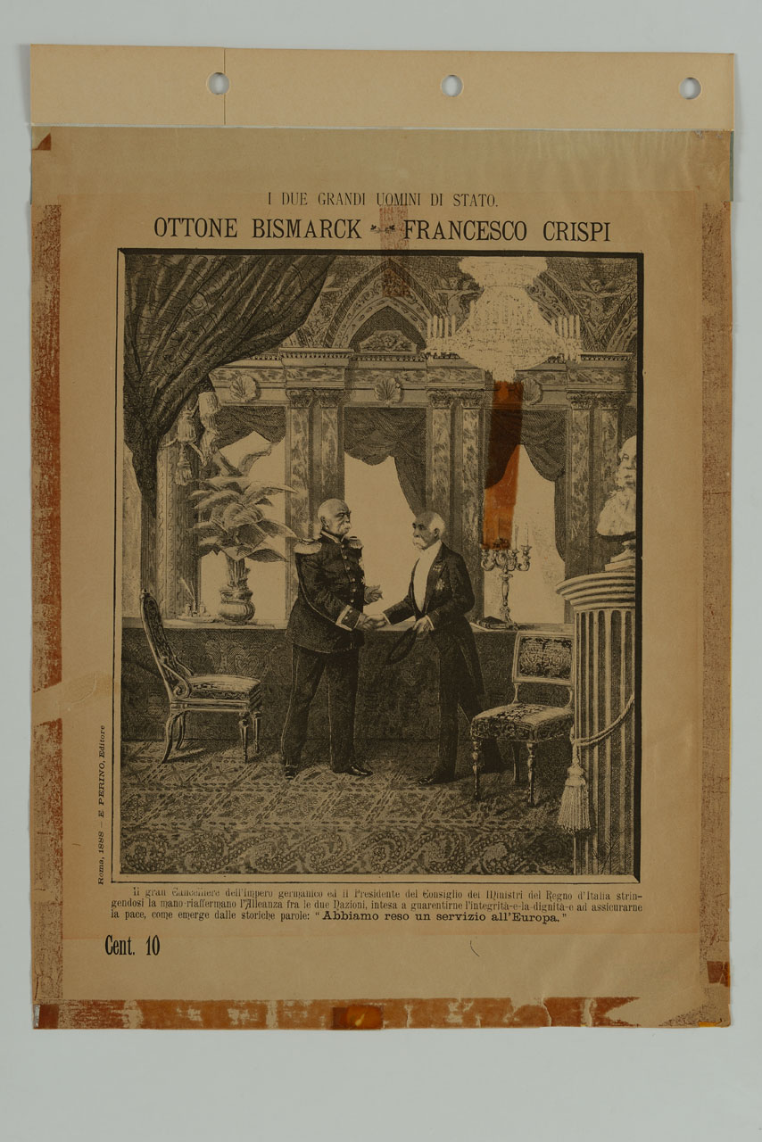 Otto von Bismarck e Francesco Crispi si stringono la mano (locandina) di Canvar - ambito italiano (sec. XIX)