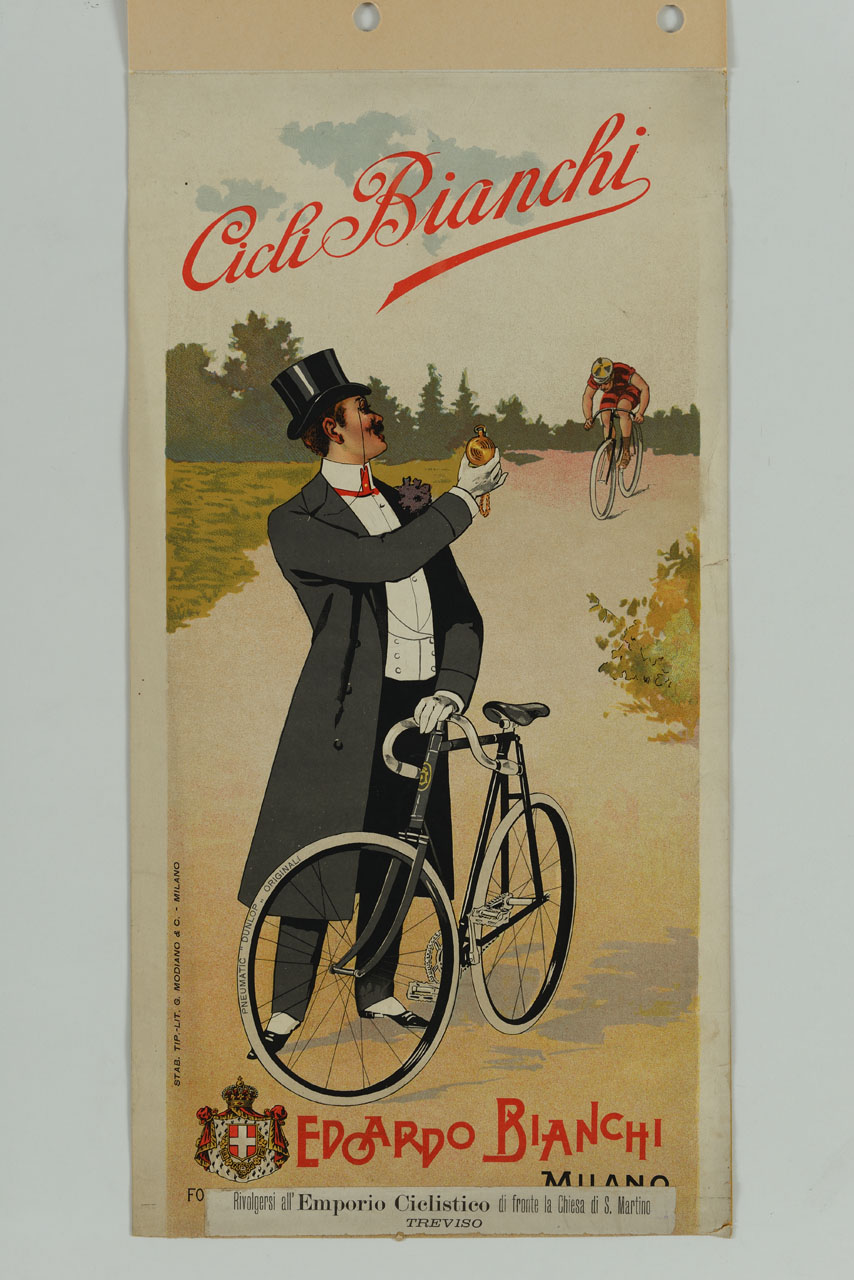 uomo elegantemente vestito cronometra la prestazione di un ciclista (locandina) - ambito italiano (fine sec. XIX)