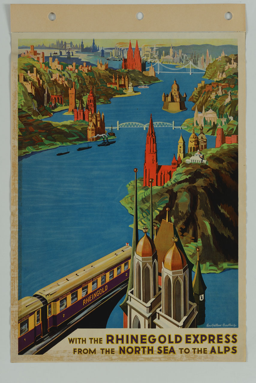 treno corre su un ponte lungo un fiume (locandina) - ambito tedesco (sec. XX)