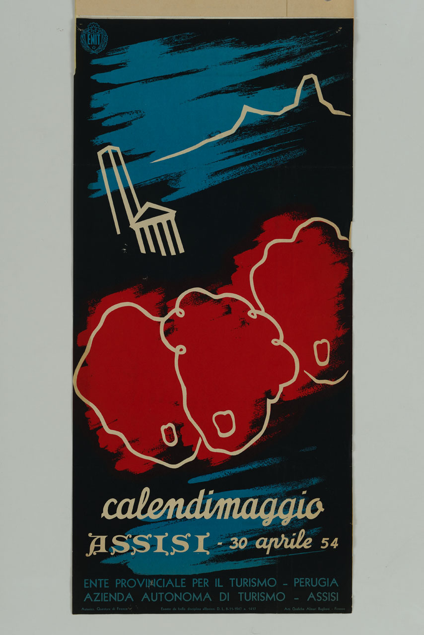 sagoma di campanile e di chiesa con fiori in primo piano (locandina) - ambito umbro (sec. XX)