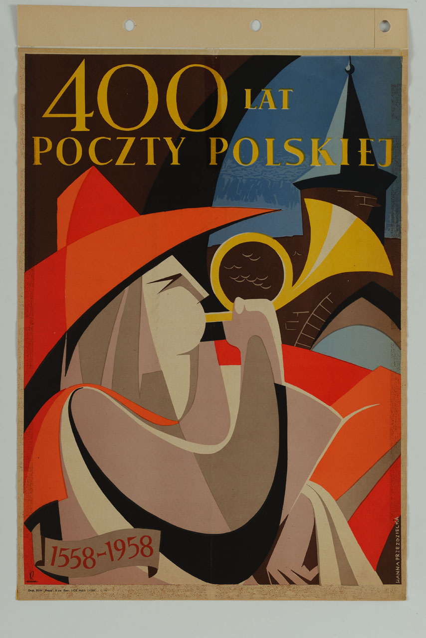 figura stilizzata di uomo suona il corno (locandina) di Przezdziecka Hanna - ambito polacco (sec. XX)