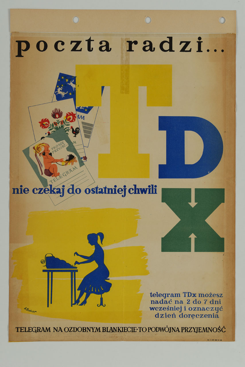 silhouette femminile lavorar alla battitura di un telegramma (locandina) di Balcer A (sec. XX)