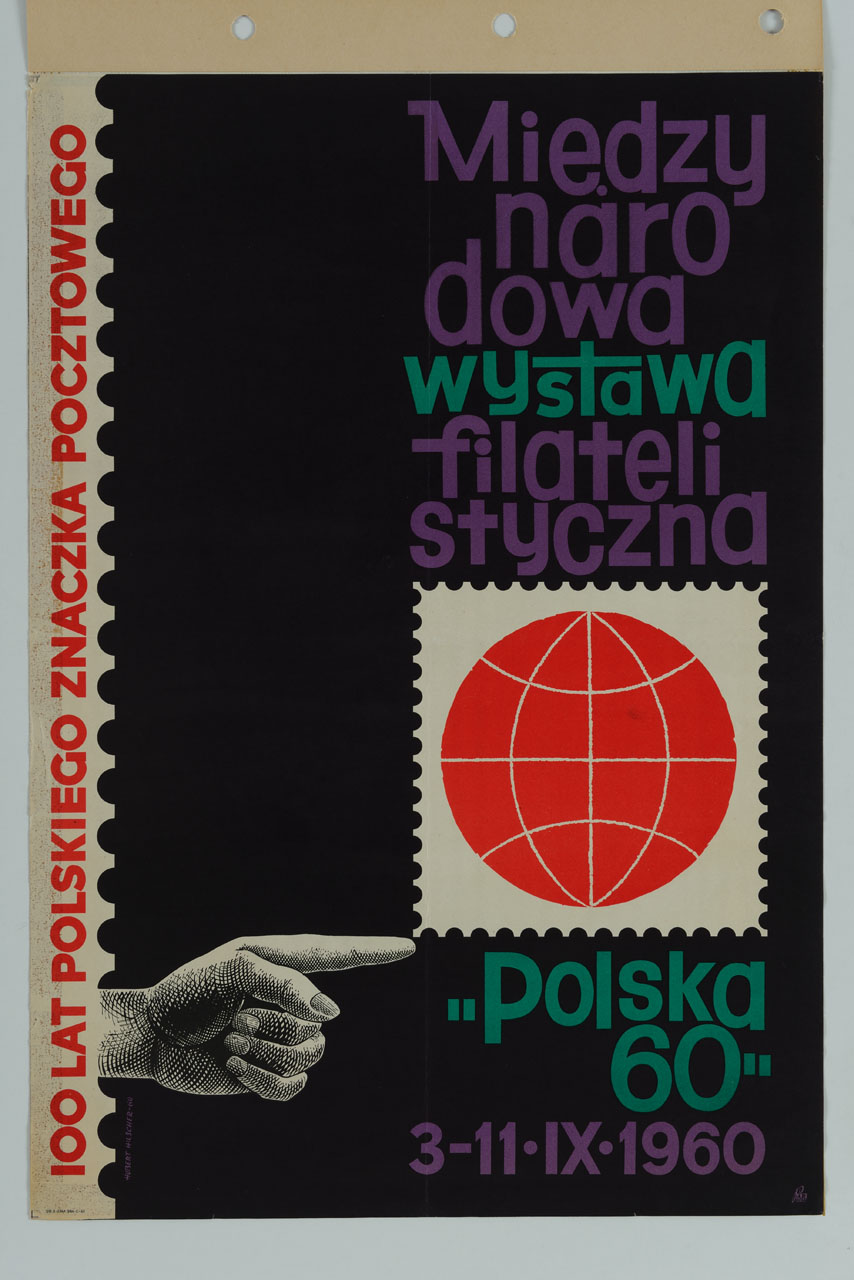 mano indica un francobollo con un planisfero (locandina) di Hilscher Huber - ambito polacco (sec. XX)