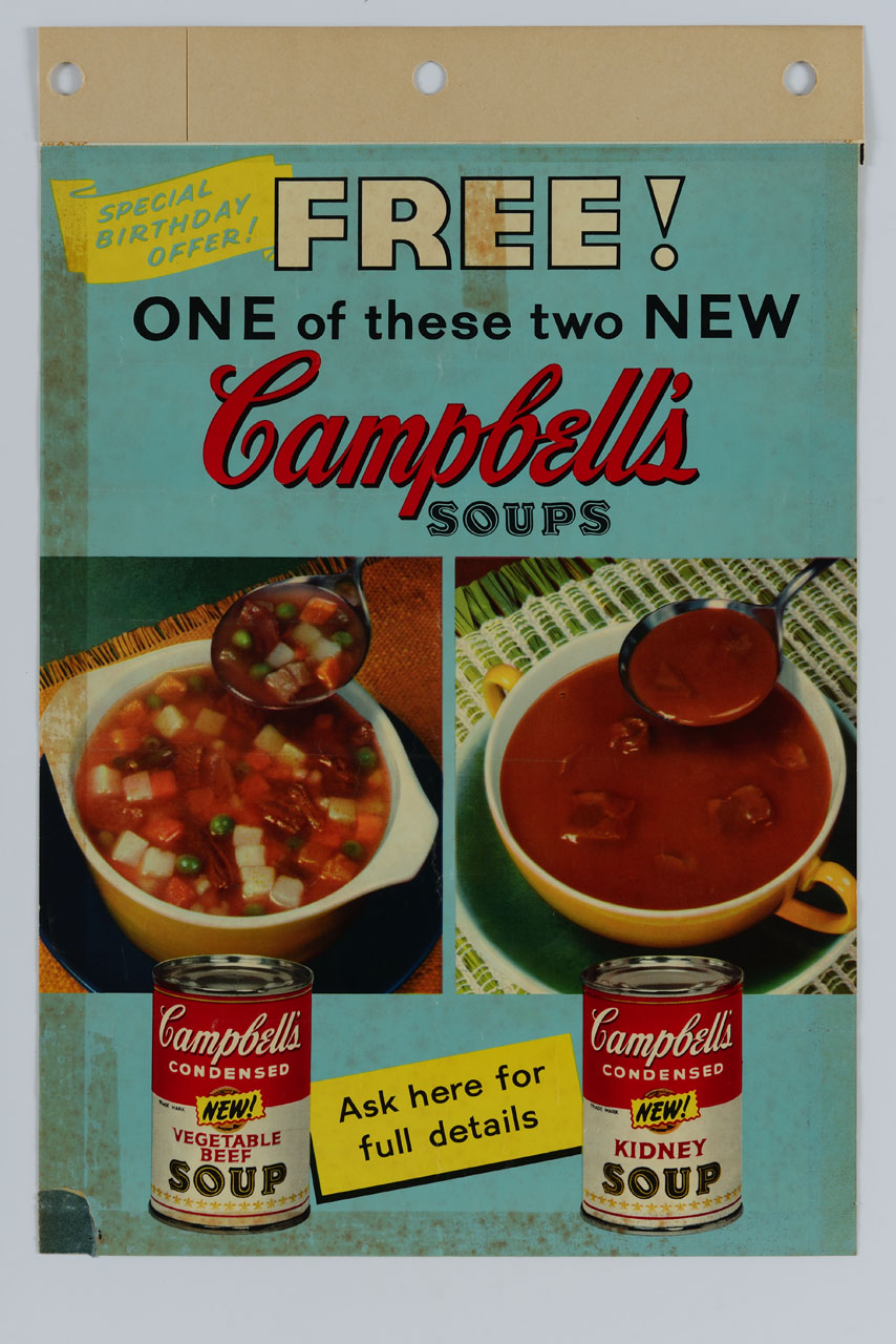 scodella di minestrone e scodella di zuppa (locandina) - ambito statunitense (sec. XX)