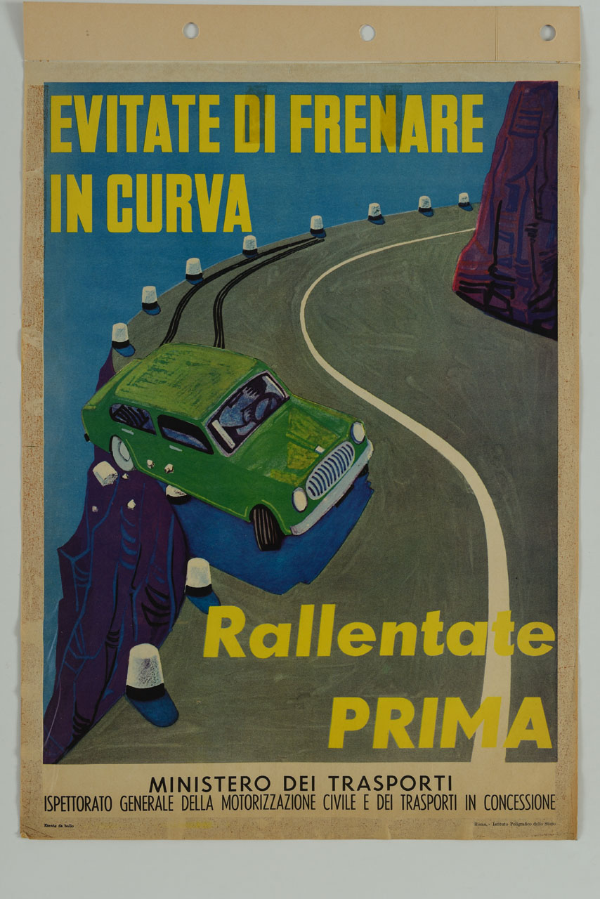 macchina in corsa sbanda e sbatte sul guardrail (locandina) - ambito italiano (sec. XX)