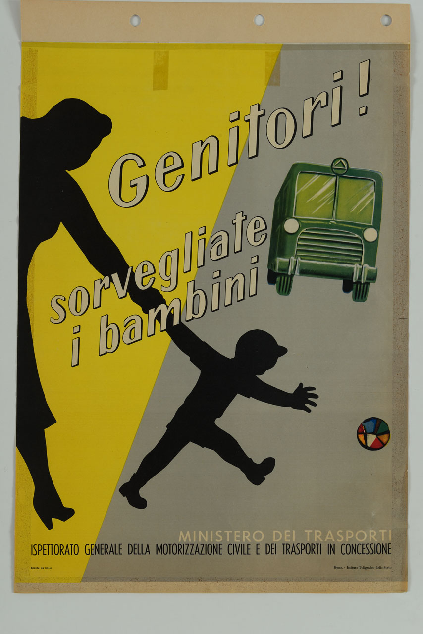 mamma trattiene il suo bambino dall'attraversare la strada per inseguire un pallone (manifesto) - ambito italiano (sec. XX)
