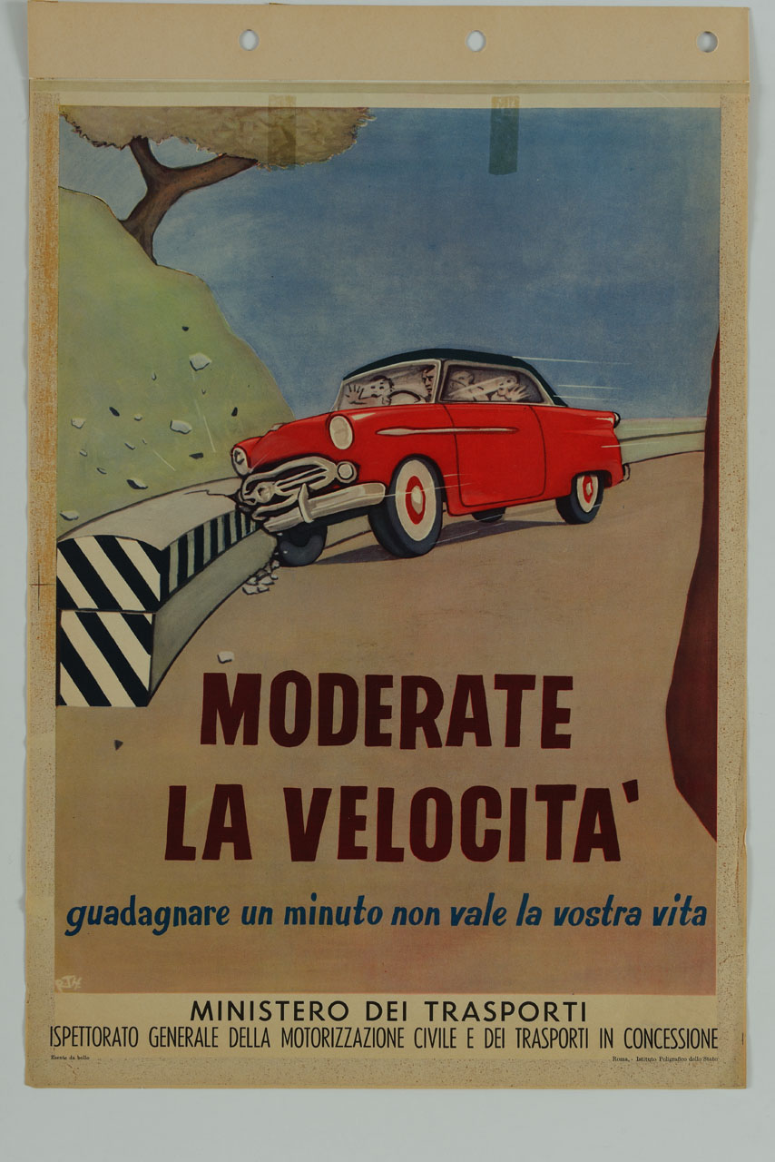 automobile si schianta contro il guardrail (manifesto) - ambito italiano (sec. XX)