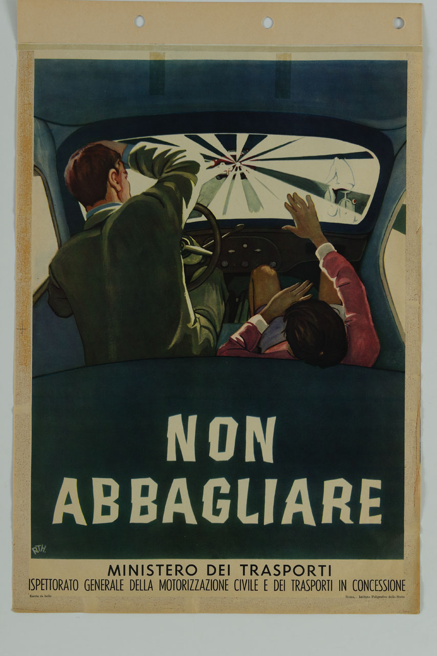 uomo e una donna in macchina sono abbagliati dai fari di un'altra automobile (manifesto) - ambito italiano (sec. XX)