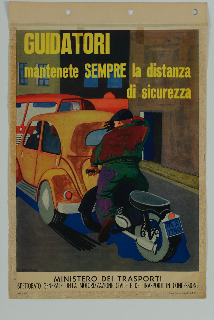 motociclista tampona una macchina (manifesto) di Agostini Sergio (sec. XX)