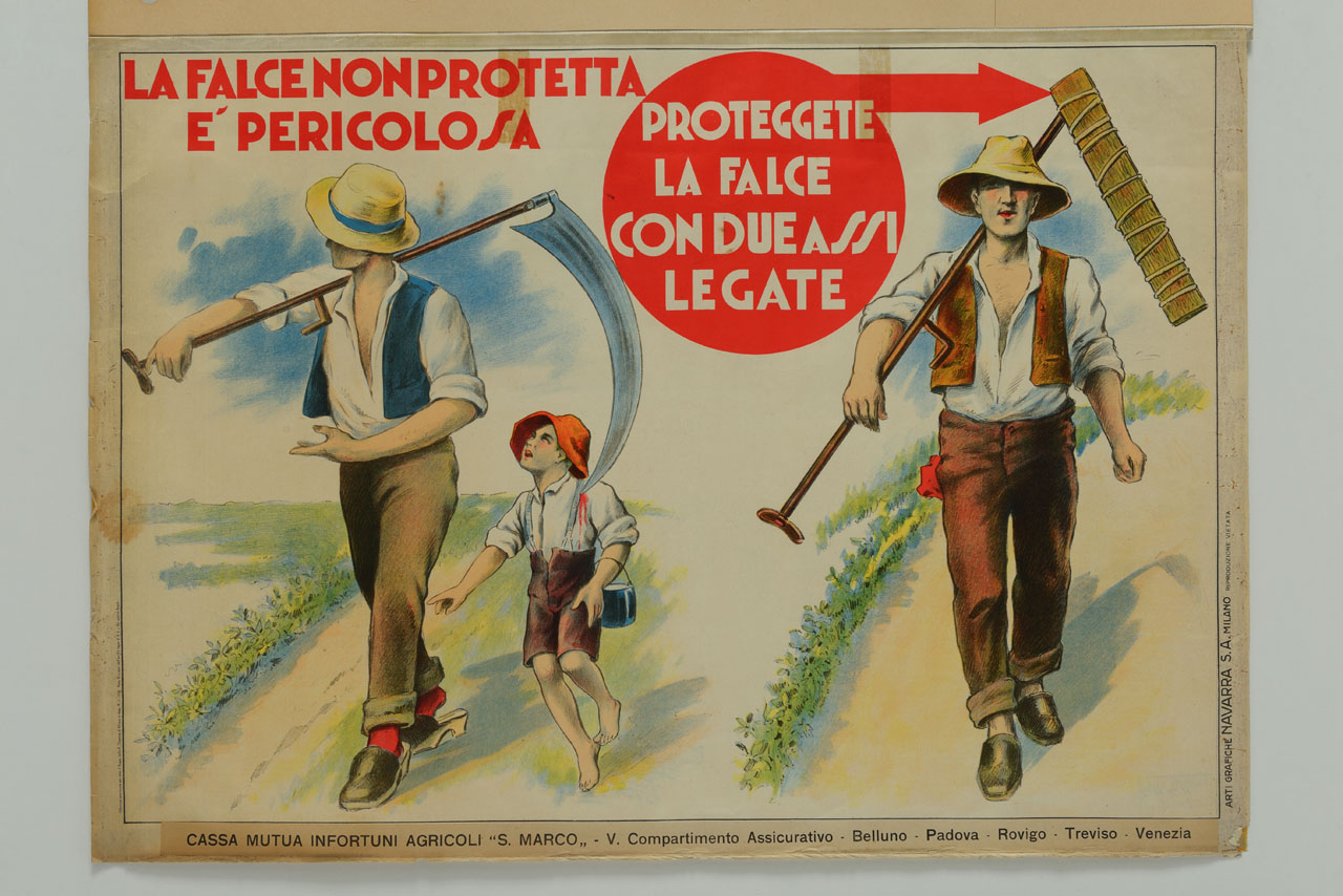 contadino disattento ferisce un bambino con la falce mentre un altro protegge la lama (locandina) - ambito italiano (sec. XX)