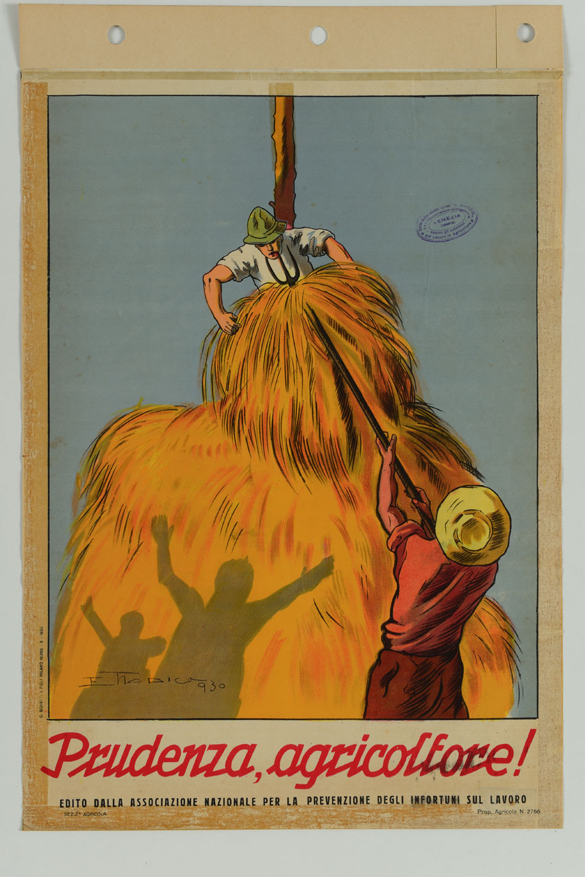 contadino ferisce con la forca il compagno intento nella costruzione del pagliaio (manifesto) di Tradico E - ambito italiano (sec. XX)