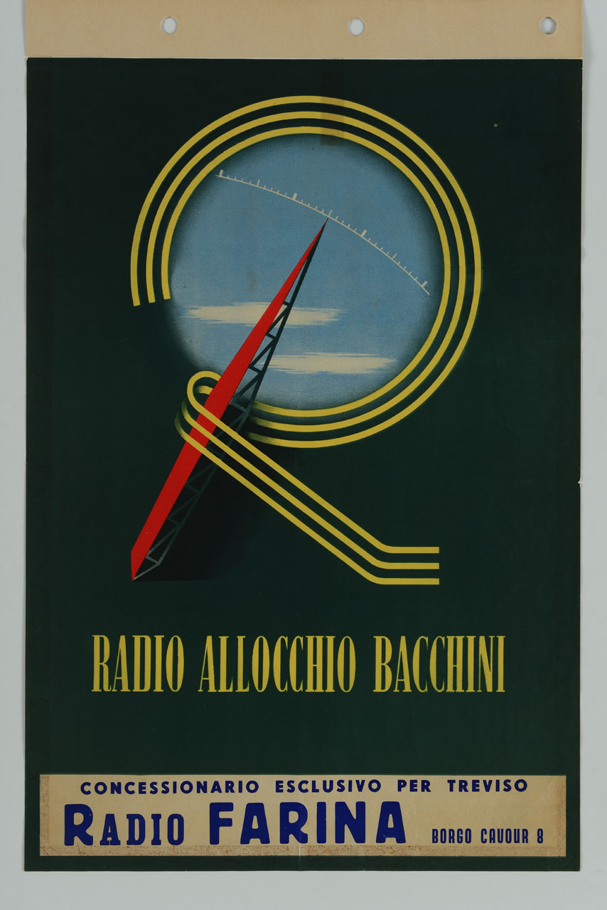 antenna radio segna la frequenza su un quadrante e disegna una lettera R (locandina) - ambito italiano (sec. XX)