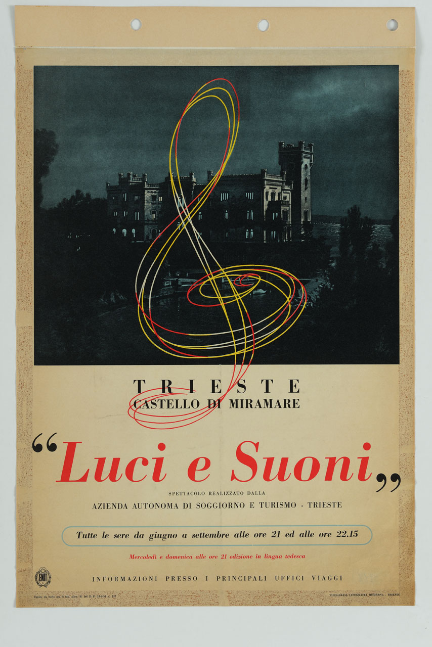 veduta del castello di Miramare con una chiave di violino (manifesto) - ambito friulano (sec. XX)